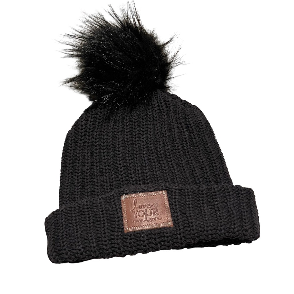 Love Your Melon Black Pom Beanie Hat Cotton Knit Fauxβ Fur Pom Made in USA